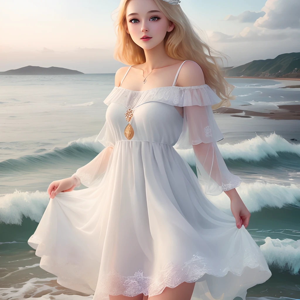 young woman blonde sparkly sea beautiful pure white dress
