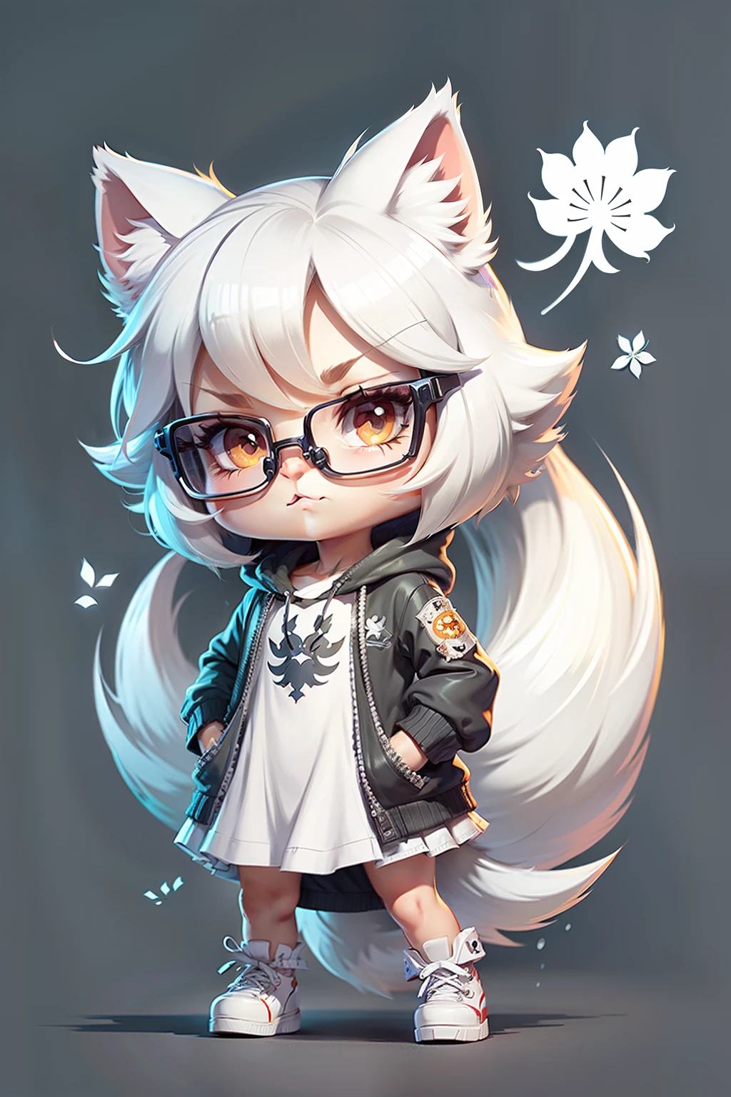 C4TT4STIC,cartoon cute white wolf,girl,wearing dress skirt,with sunglasses,flower patterns on the dress,short legs,cartoon