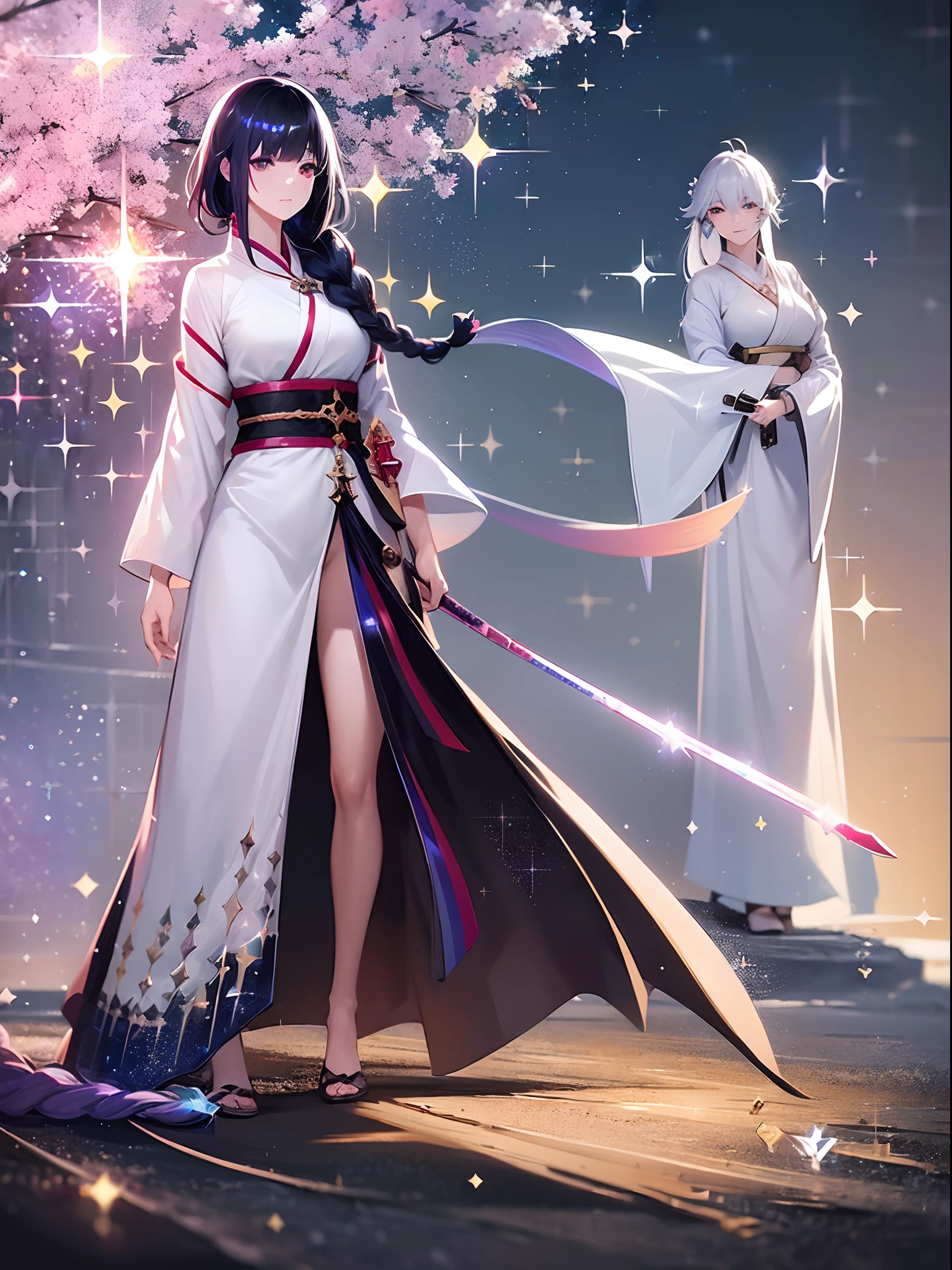 Close up portrait of woman holding sword in white dress, a character portrait by Yang J, Trending on CGSociety, Fantasy Art, beautiful character painting, artwork in the style of guweiz, guweiz, white hanfu, flowing white robes, Full body Wuxia, epic exquisite character art, Stunning character art, beautiful female assassin ,{{masutepiece, Best Quality, extremely details CG, Unity 8k壁纸, Cinematic lighting}},(sparkles:1.9), (Iridescent:1.6), standing, (full body:1.2),black hair,braid pony tail,ahoge,