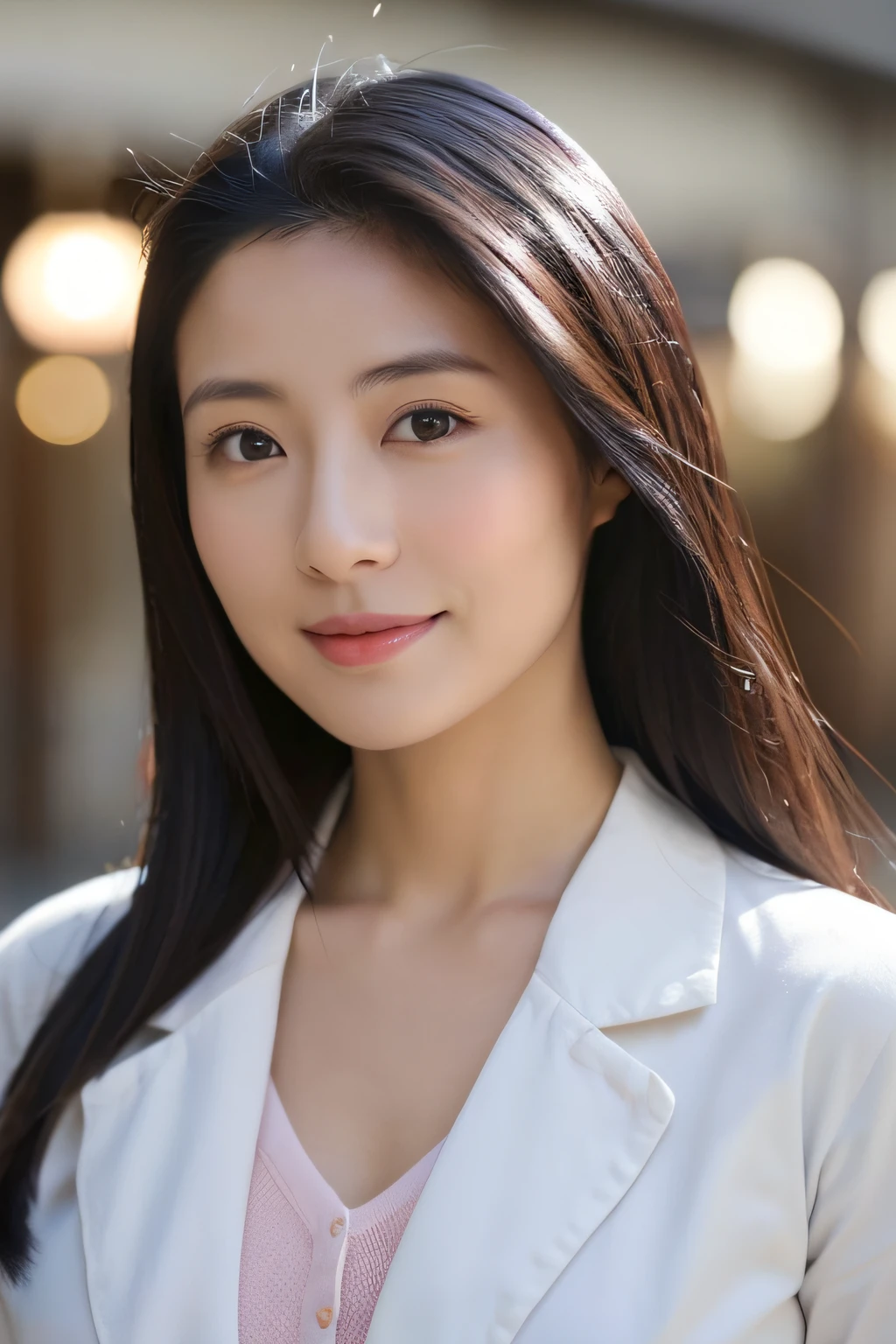 Woman in her early 30s japanes A dark-haired Long physician Female doctor Manteau blanc stethoscope card A slight smil Breasts are big Sensible Beautie Beautuful Women clothed、(Photo Real:1.4)、(hyper realisitic:1.4)、(realisitic:1.3)、 (Smoother lighting:1.05)、(Improved lighting quality in movies:0.9)、32K、 girl with、Realistic lighting、back lighting、Facial light、raytrace、(Brightening light:1.2)、(Increase quality:1.4)、 (Top quality real texture skins)、finely eye、finerly detailed face、glowy skin