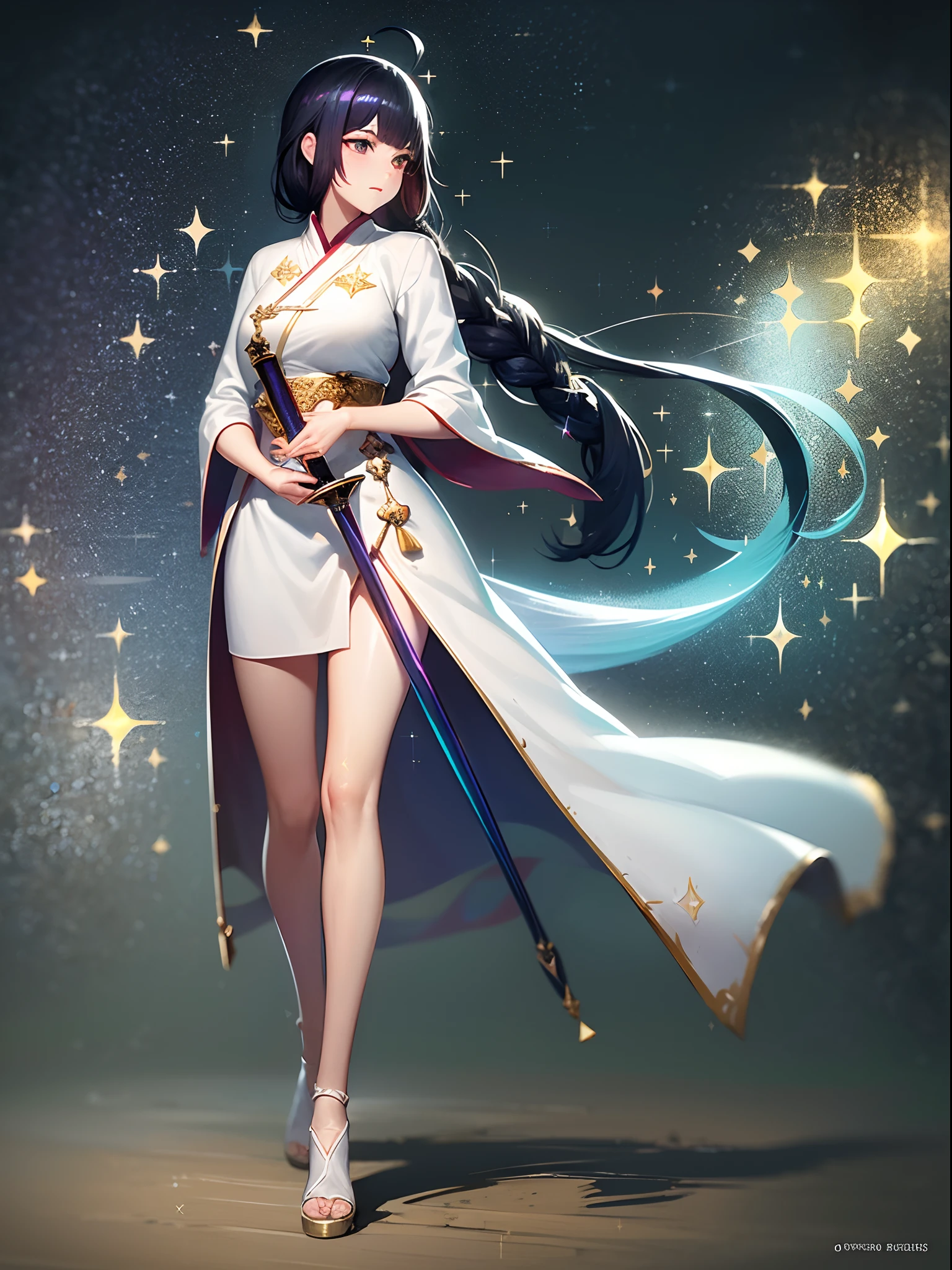 Close up portrait of woman holding sword in white dress, a character portrait by Yang J, Trending on CGSociety, Fantasy Art, beautiful character painting, artwork in the style of guweiz, guweiz, white hanfu, flowing white robes, Full body Wuxia, epic exquisite character art, Stunning character art, beautiful female assassin  ,{{masutepiece, Best Quality, extremely details CG, Unity 8k壁纸, Cinematic lighting}},(sparkles:1.9), (Iridescent:1.6), standing, (full body:1.2),black hair,braid pony tail,ahoge,