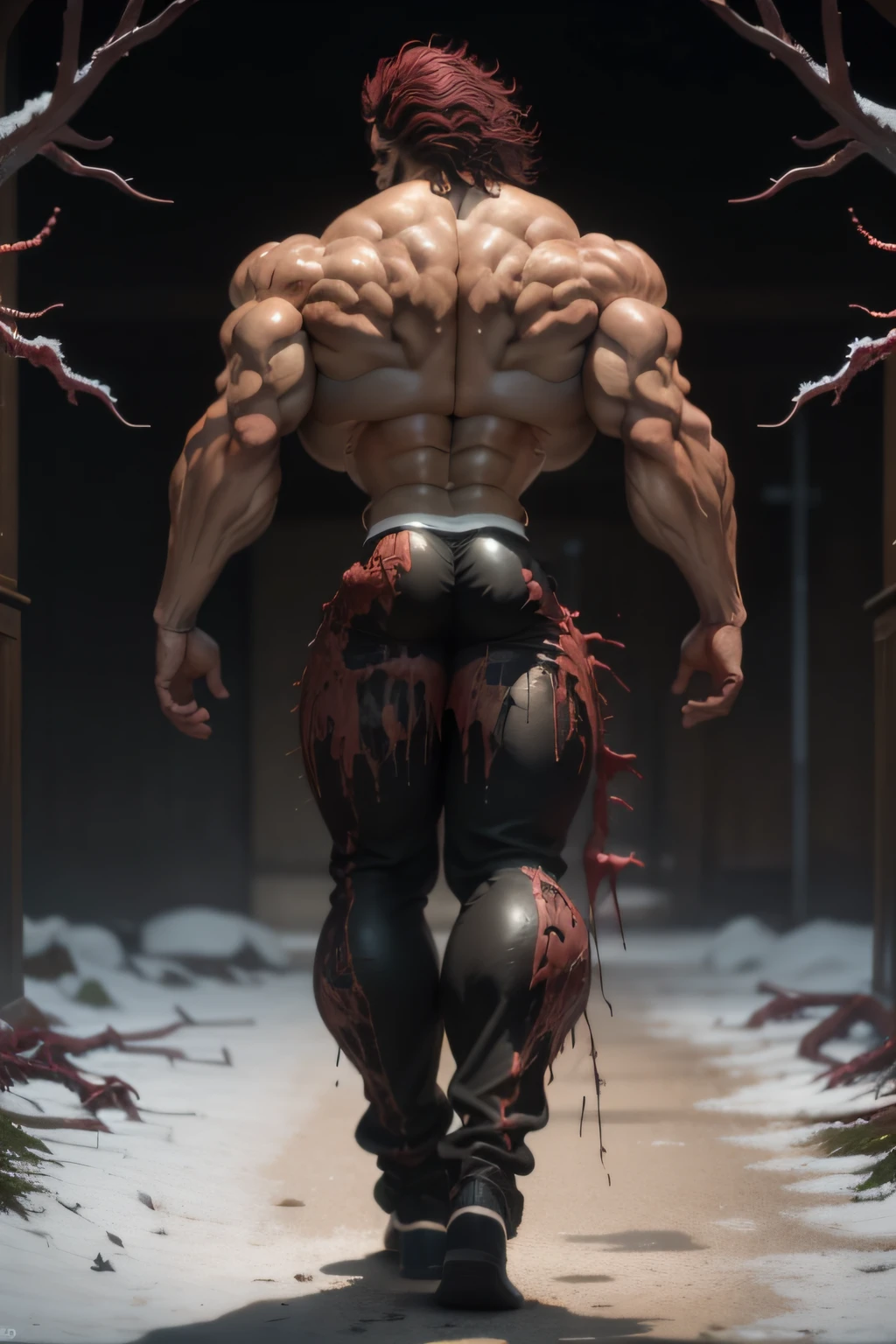 Yujiro Hanma, red hair, show his back, see viewer, full body shot, wearing black shirt (carnage physique:1.5), (covered in thick muscle suit:1.5), (exposed perfect anatomy:1.5), (carnage muscle anatomy:1.5), high detail, best quality, masterpiece, finely detail, realistic skin texture, 85 mm art lens, f 1.2, sharp focus, 8 k high definition, insanely detailed, intricate, snow background