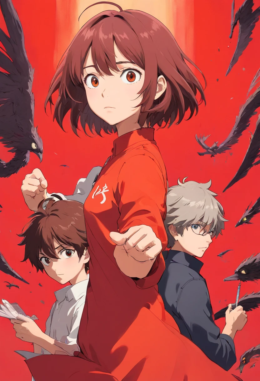 trio, dynamic pose, curious expression, red background, Death Note style, Studio Ghibli, oil painting, detailed features, vibrant colors, high contrast, dramatic lighting
