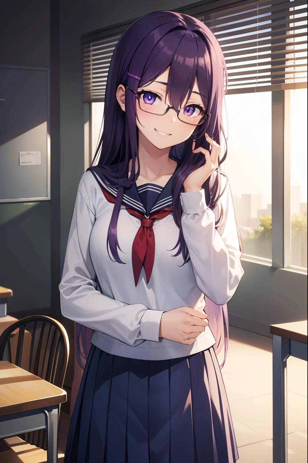 ddlcyuri, ddlcyuri, hair ornament, hairclip, long hair, (purple eyes:1.1), purple hair, grin, Shy, blush, hair over eyes, (Black glasses)
BREAK blue skirt, longe skirt, white sailor uniform
BREAK indoors, classroom,
BREAK (masterpiece:1.2), best quality, high resolution, unity 8k wallpaper, (illustration:0.8), (beautiful detailed eyes:1.6), extremely detailed face, perfect lighting, extremely detailed CG, (perfect hands, perfect anatomy),