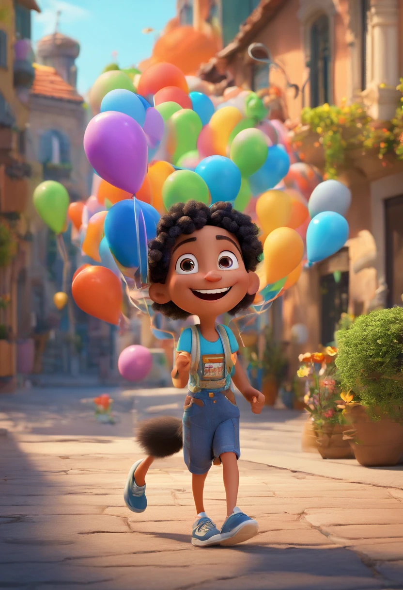 Poster 3D inspirado na Disney/Pixar, uma cena com uma cachorra whippet branca malhada, Happy running after colorful balloons on the street, signs with the name BLACK and a girl with shoulder-length curly black hair with open arms smiling and happy in jeans, Black sneakers and gray shirt with blue glasses