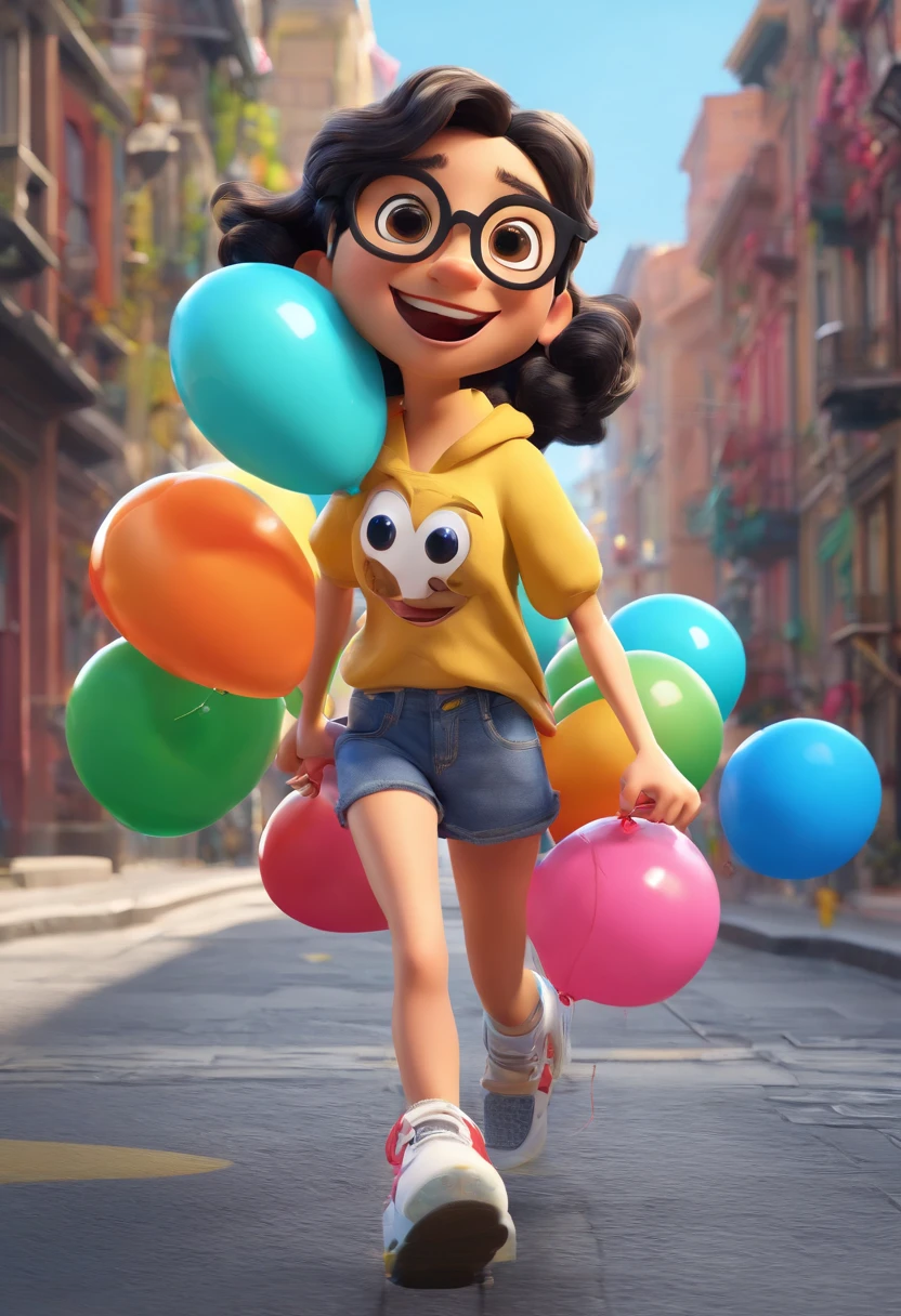 Poster 3D inspirado na Disney/Pixar, uma cena com uma cachorra whippet branca malhada, Happy running after colorful balloons on the street, signs with the name BLACK and a girl with shoulder-length curly black hair with open arms smiling and happy in jeans, Black sneakers and gray shirt with blue glasses