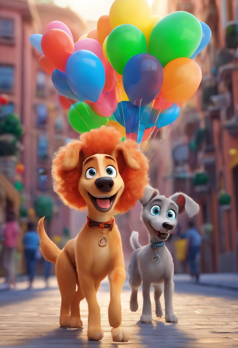 Poster 3D inspirado na Disney/Pixar, uma cena com uma cachorra whippet branca malhada, Happy running after colorful balloons on the street, signs with the name BLACK and a girl with shoulder-length curly black hair with open arms smiling and happy in jeans, Black sneakers and gray shirt with blue glasses