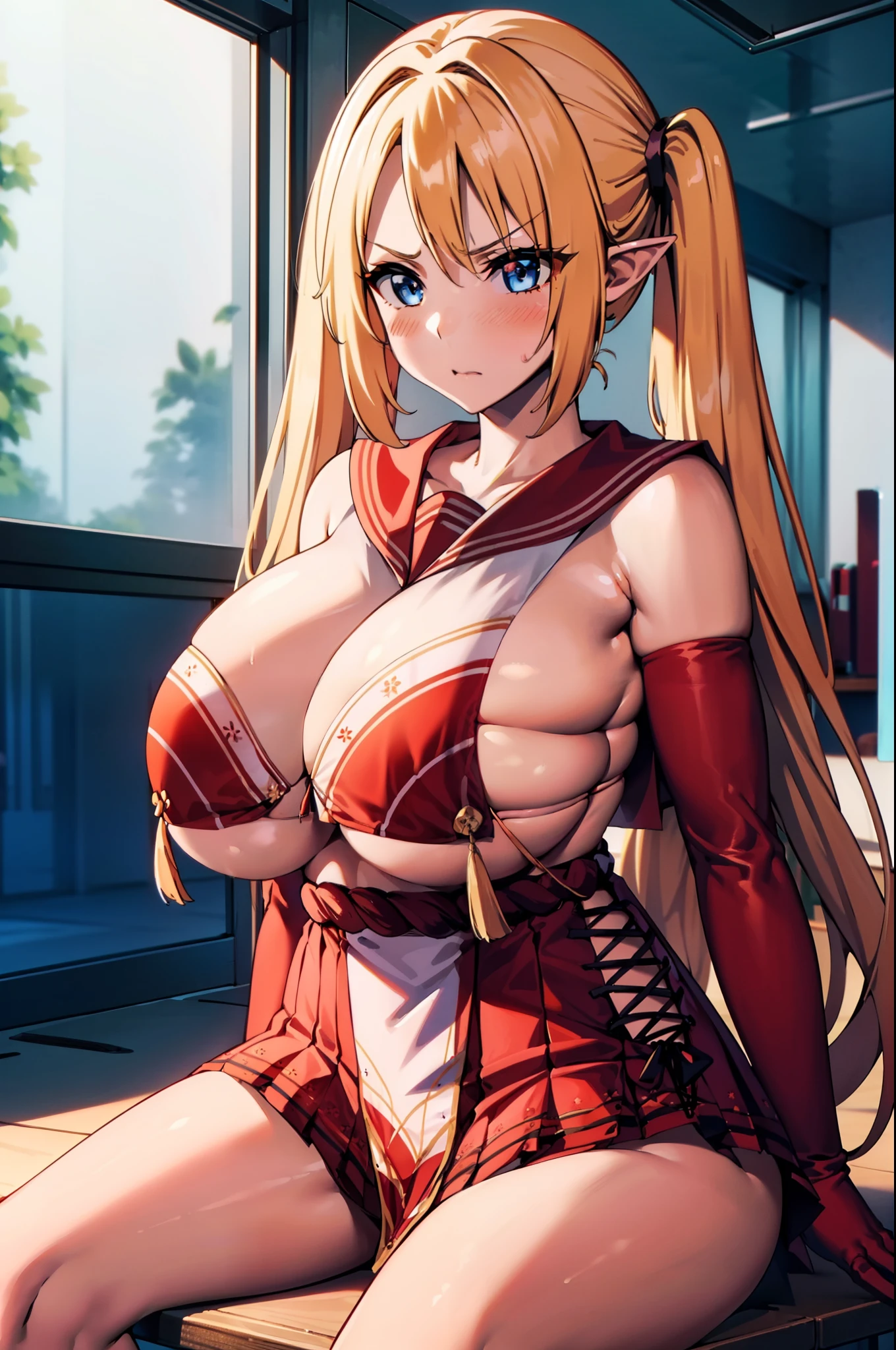 masterpiece, best quality, extremely detailed, 1girl, mature female, solo, ChopioAlpha, (huge breasts:1.2), ((blonde hair, long hair, twintails, blue eyes, pointy ears)), parted lips, ((outfit-tsubaki, red sailor collar, breast curtain, elbow gloves, red gloves, red skirt, black pantyhose)), ((blush, angry), closed mouth), ((sitting on the table, classroom))