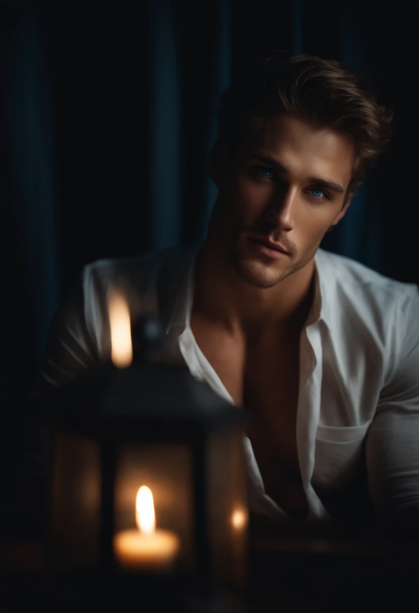 Handsome guy with intense blue eyes is sitting in a completely dark room. There's a candle lit 30 inches away from his face, illuminating her beautiful features. estilo fotorrealista. 8K resolution. Very detailed.