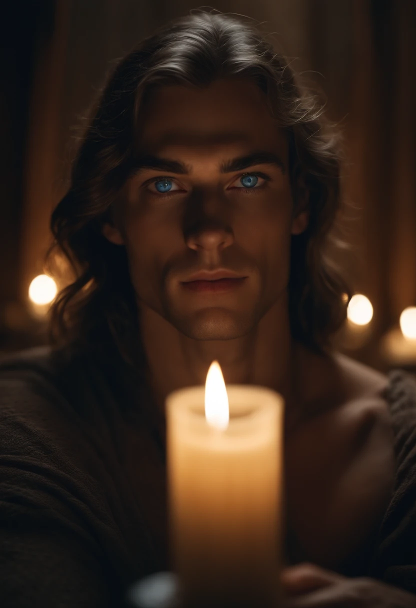 Handsome guy with intense blue eyes is sitting in a completely dark room. There's a candle lit 30 inches away from his face, illuminating her beautiful features. estilo fotorrealista. 8K resolution. Very detailed.