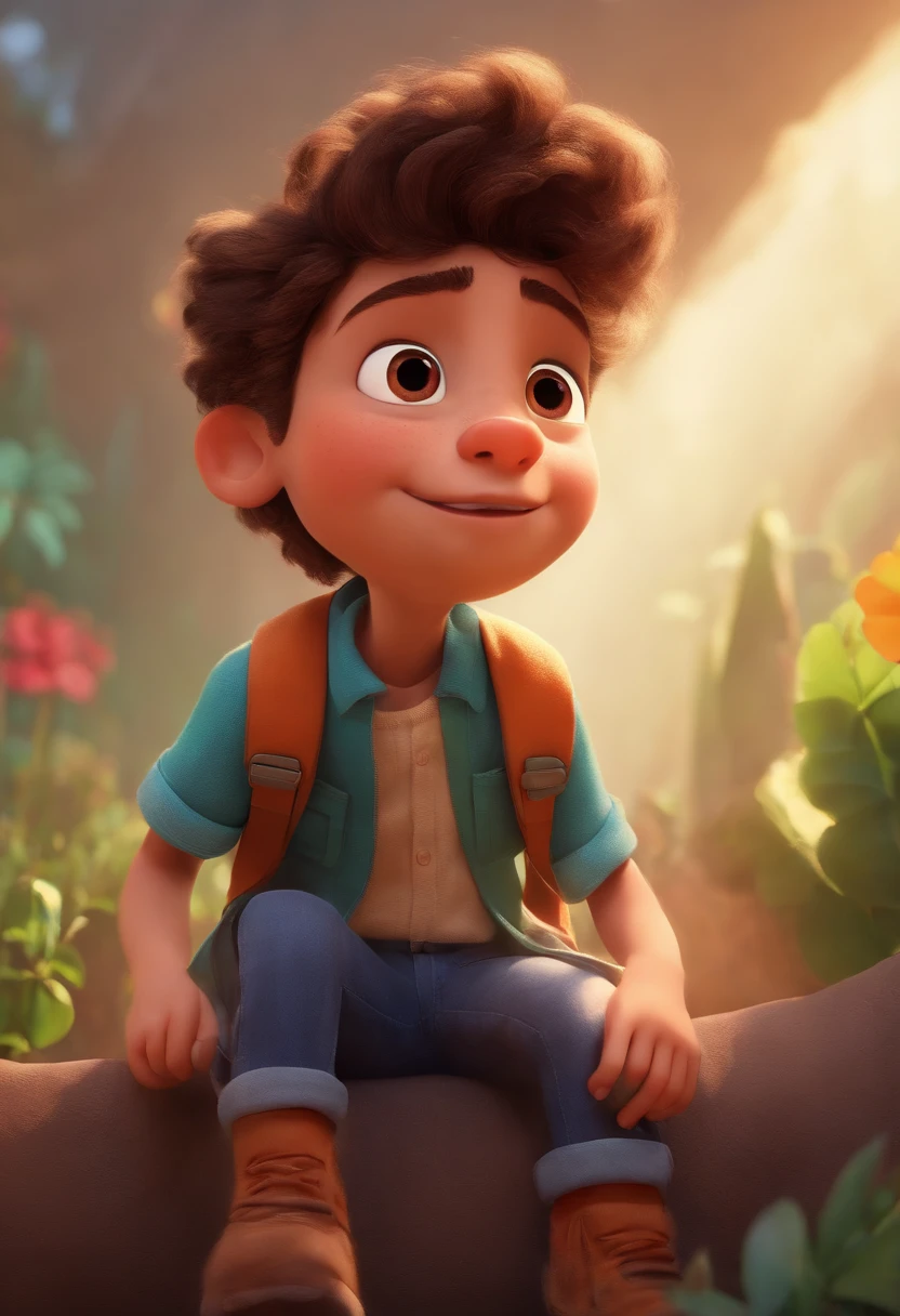 Image of a boy for a story in a YouTube video in Pixar format, He's the little allabester, He's the class leader, He's outgoing, Playful and gets up for a lot of things, cabelo curto