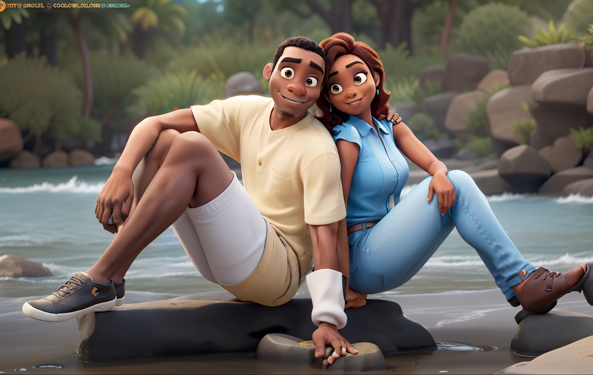 Um homem negro com  uma esposa morena estilo Disney pixar, alta qualidade, melhor qualidade.