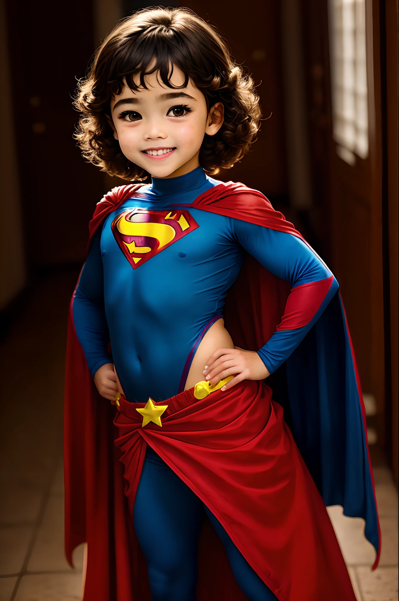 de 5 anos, cabelo castanho, olhos castanhos, cabelo liso, sorridente e bochechas redondas, olhos redondos e castanhos, loves to dress up as a superhero, e tem o nariz pequeno e redondo, - estilo pixar