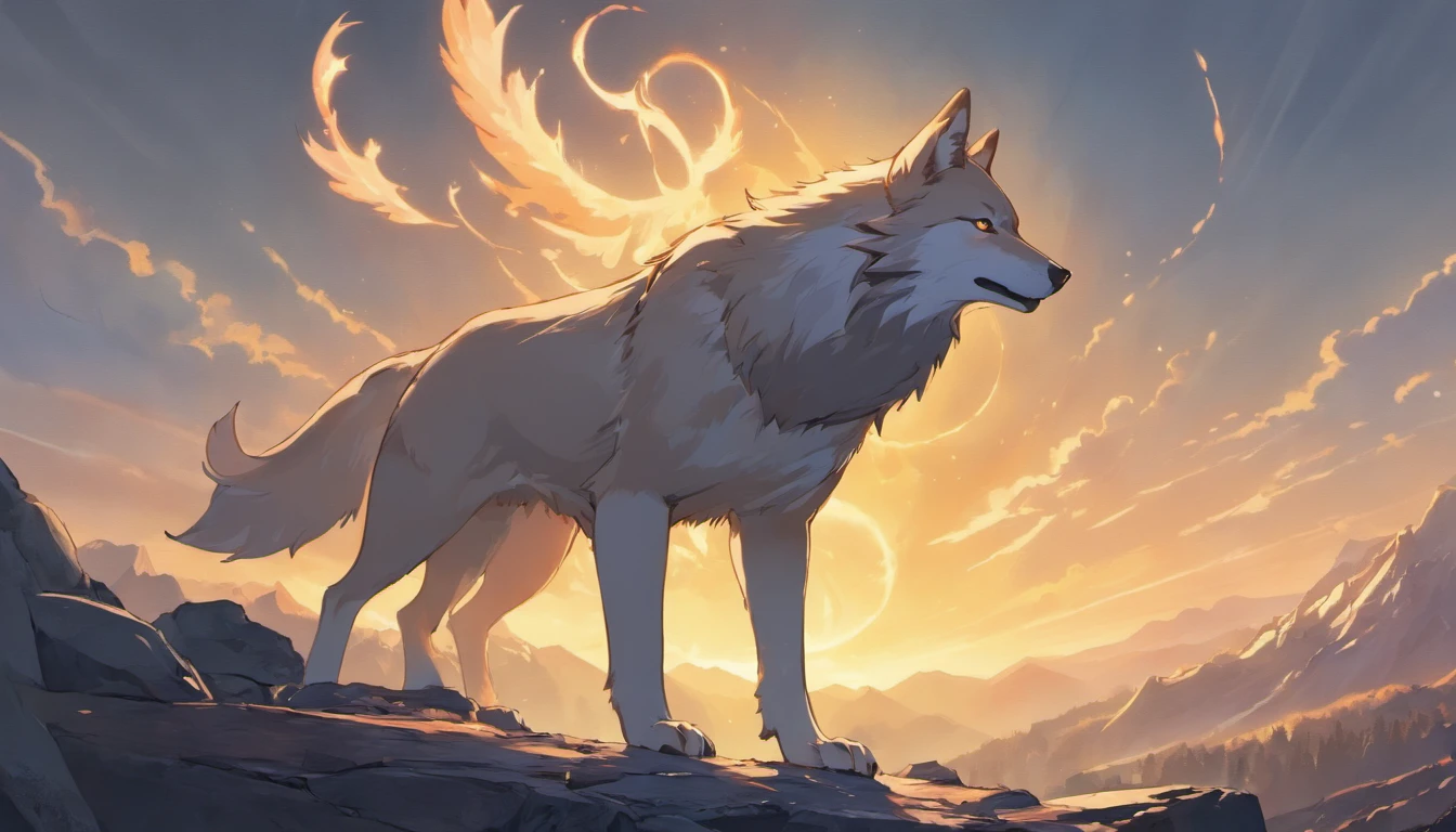 Um lobo selvagem, A guardian spirit of an ancient tribal kingdom, Atop a rocky plateau overlooking a vast expanse of rugged terrain. The wolf's skin glows with ethereal hues, Reflecting the spirits of the earth. The landscape is bathed in heat, Sepia-toned light that adds a sense of nostalgia and reverence. The style of this image is influenced by Native American art and symbolism. The image should be a digital illustration that combines the presence of the wolf with spiritual elements. Use a wide-angle camera lens to capture the grandeur of the landscape and the commanding posture of the wolf. The lighting should emphasize the spiritual significance of the scene, Creating a connection between the wolf and the land it guards.