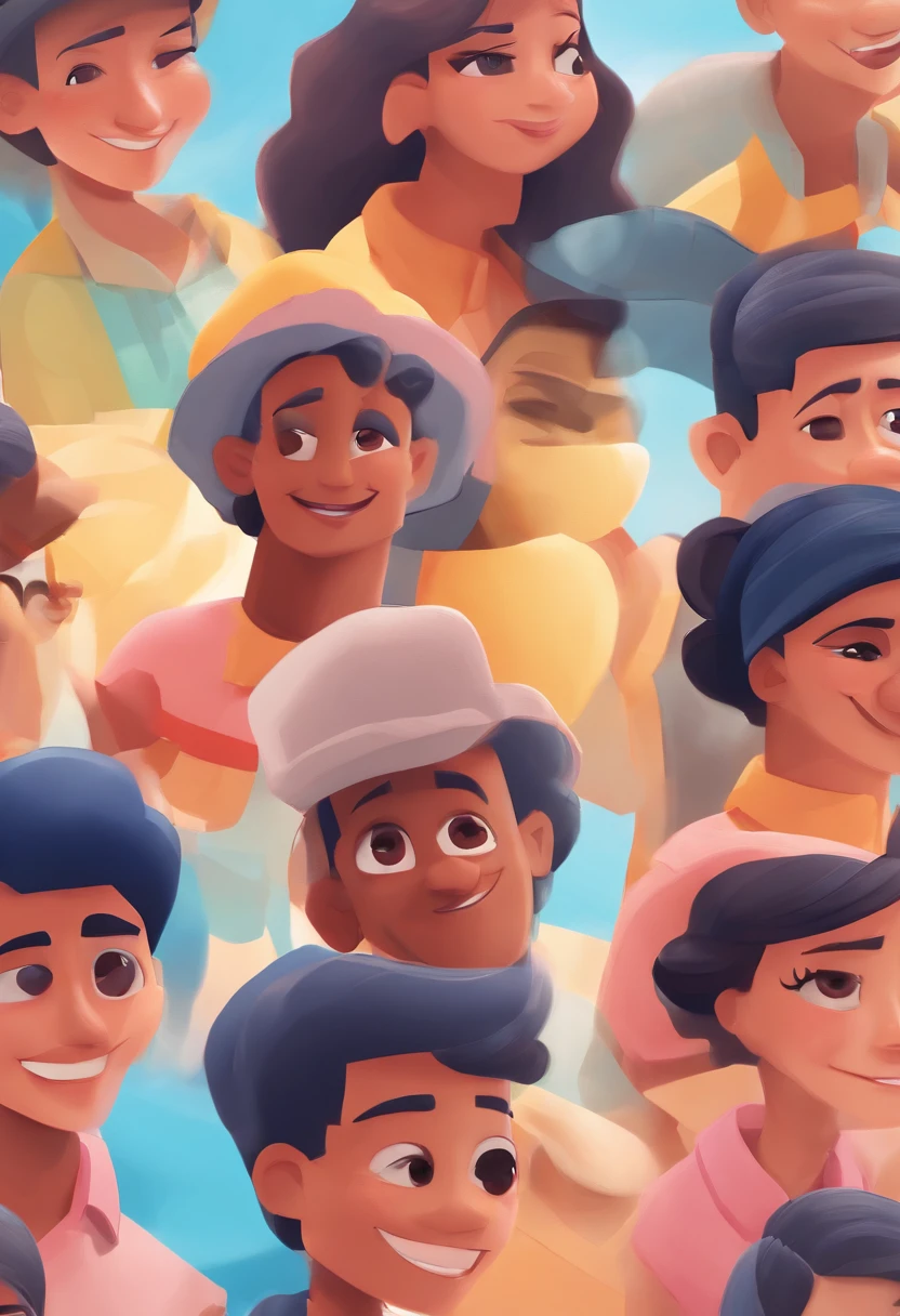 An illustration of an adorable couple, Destaque para uma mulher sorridente com olho azul com cabelos loiros lisos e pele branca, o homem tem.pele branca, olhos castanhos e cabelo preto.and a- They are a bright room, cada um com um sorriso no rosto, e compartilhar um momento especial caracterizado pelo amor, Insights. Illustrate this scene from a perspective where they are facing the camera, Smiling and Showing Your Connection. Desenvolva esta arte em Full HD, Focus on your cinematic touch, Estilo Disney Pixar Animations