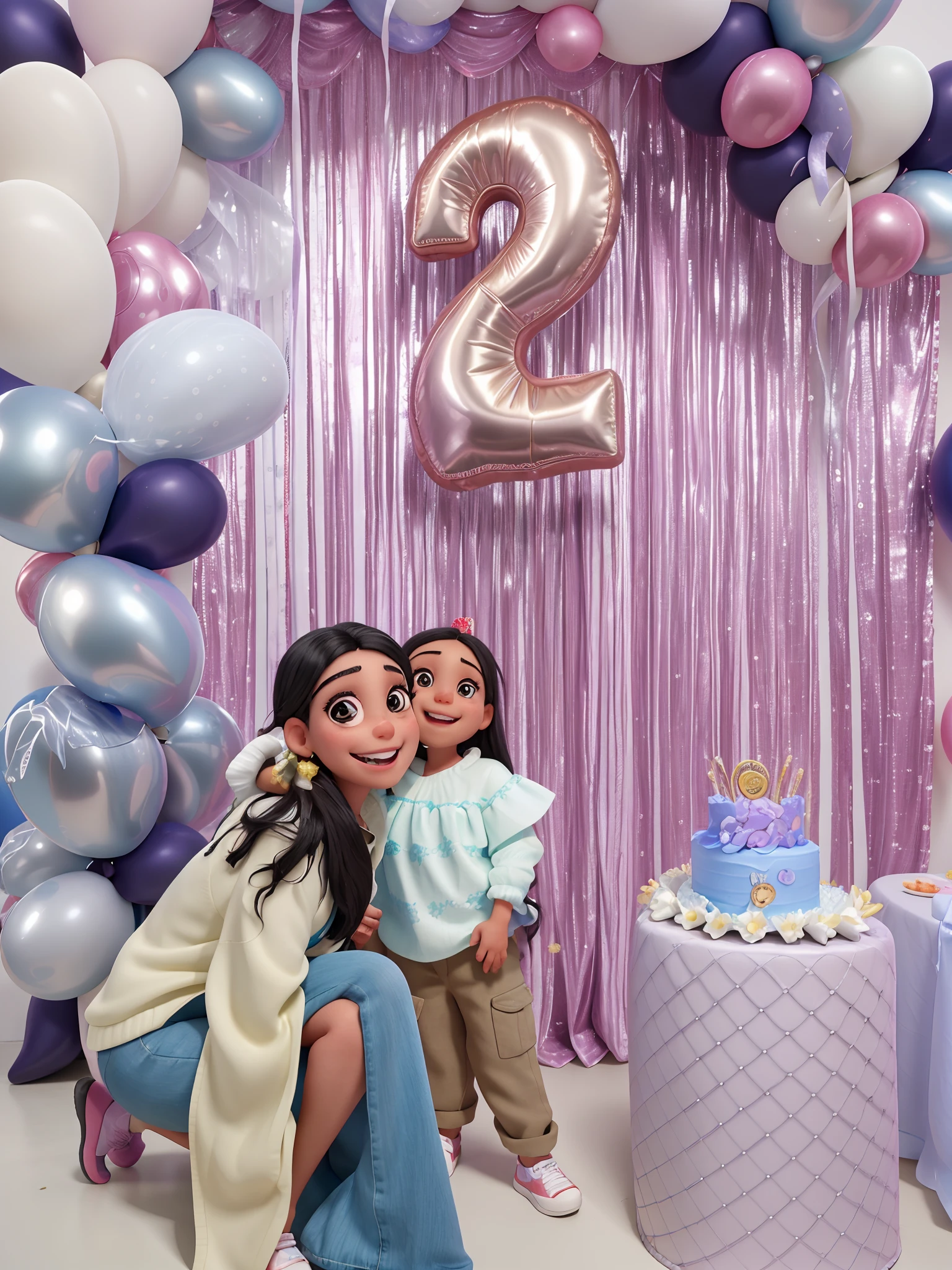 A girl posing for black haired birthday photo, olhos expressivos, pele morena, sorriso grande com aparelhos no dente, are posing for a photo in front of a birthday backdrop, 2 anos