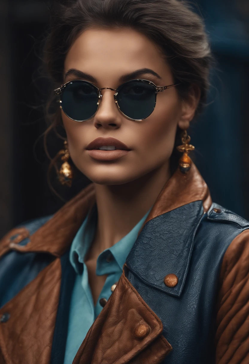 1menina pele escura, seios pequenos, wears thick-framed glasses that highlight his facial features, com cabelos curtos, rabo de cavalo e cinza, camisa prateada, Por baixo da camisa, ela veste outra camisa justa, with details in vibrant colors reminiscent of the stars and planets of outer space, e uma saia azul botas de cano alto com solado antiderrapante,