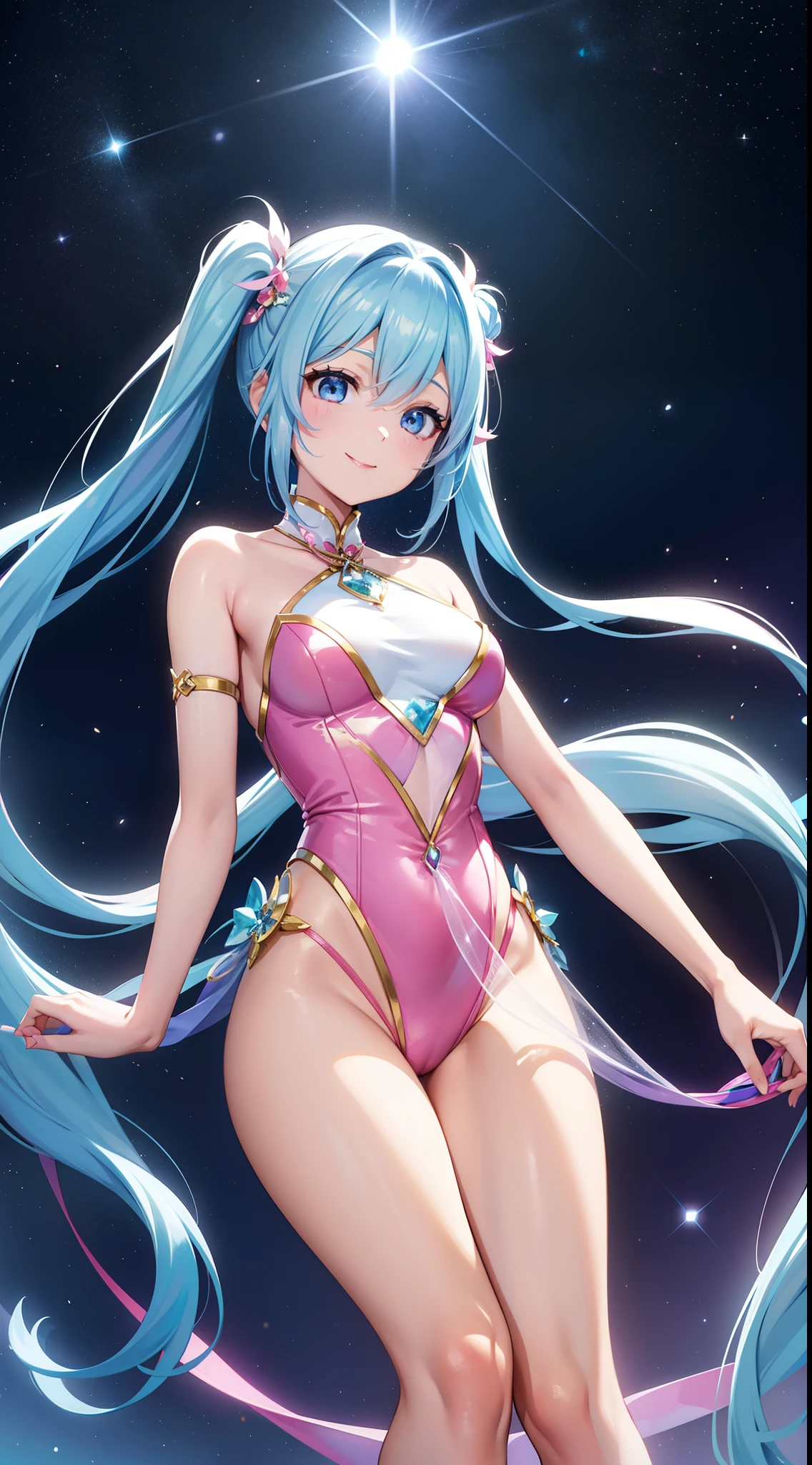 Super Idol　a beauty girl　Outstanding smile　sky blue hair　length hair　Facing straight ahead　Looking at the camera　Twin-tailed　Glittering pink and white、Blue and yellow leotard costume　Mystical　Fantasia　constellation　a moon　Crystal Brilliance　Aurora Borealis in the Night Sky