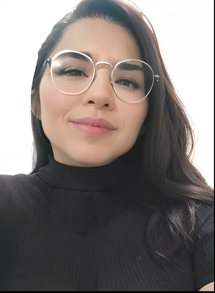 A closeup of a woman wearing glasses and a black turtleneck top, foto de perfil headshot, Alanis Guillen, Lorena Avarez, foto de perfil profissional, inspired by Gina Pellón, foto headshot, imagem de perfil, taken in the early 2020s, imagem de qualidade muito baixa, na frente de um fundo preto