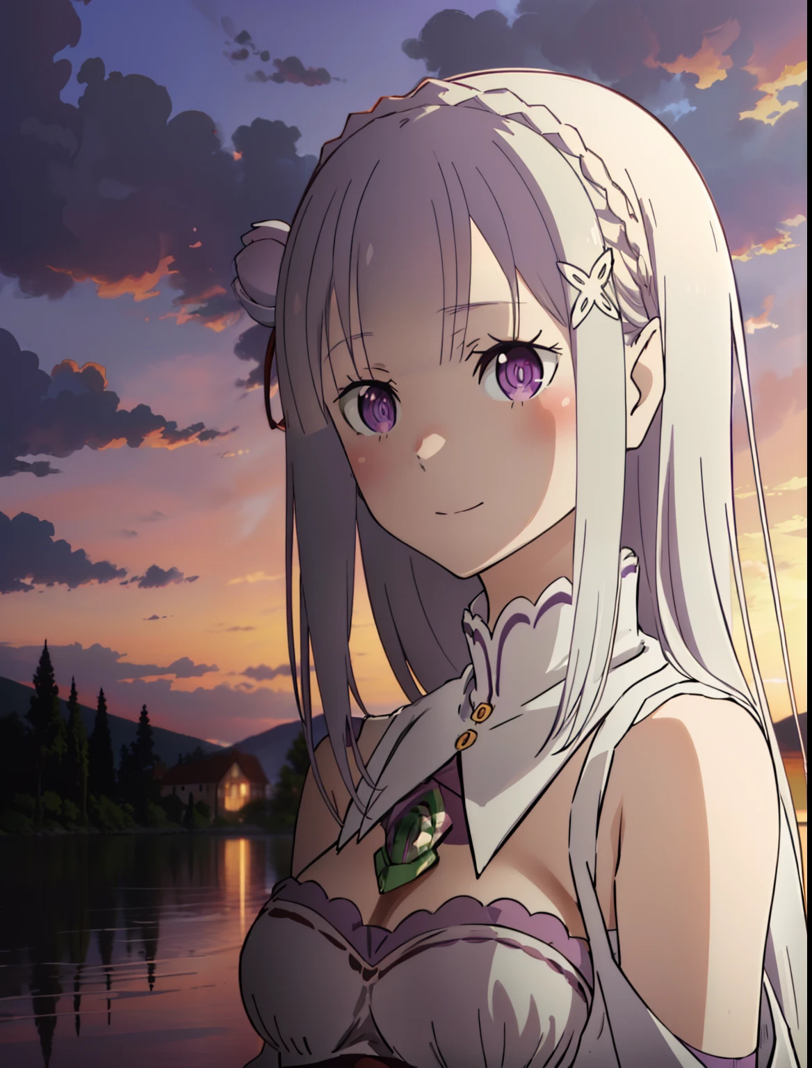 Femilia, 1girl in, Solo, breasts, Smile,((masutepiece,Best Quality:1.4),Ultra-detailed,(Intricate details:1.1),Cinematic Light,short bangs,Beautiful detailed eyes,Red Buck Round, Blue sky, Purple Sky)