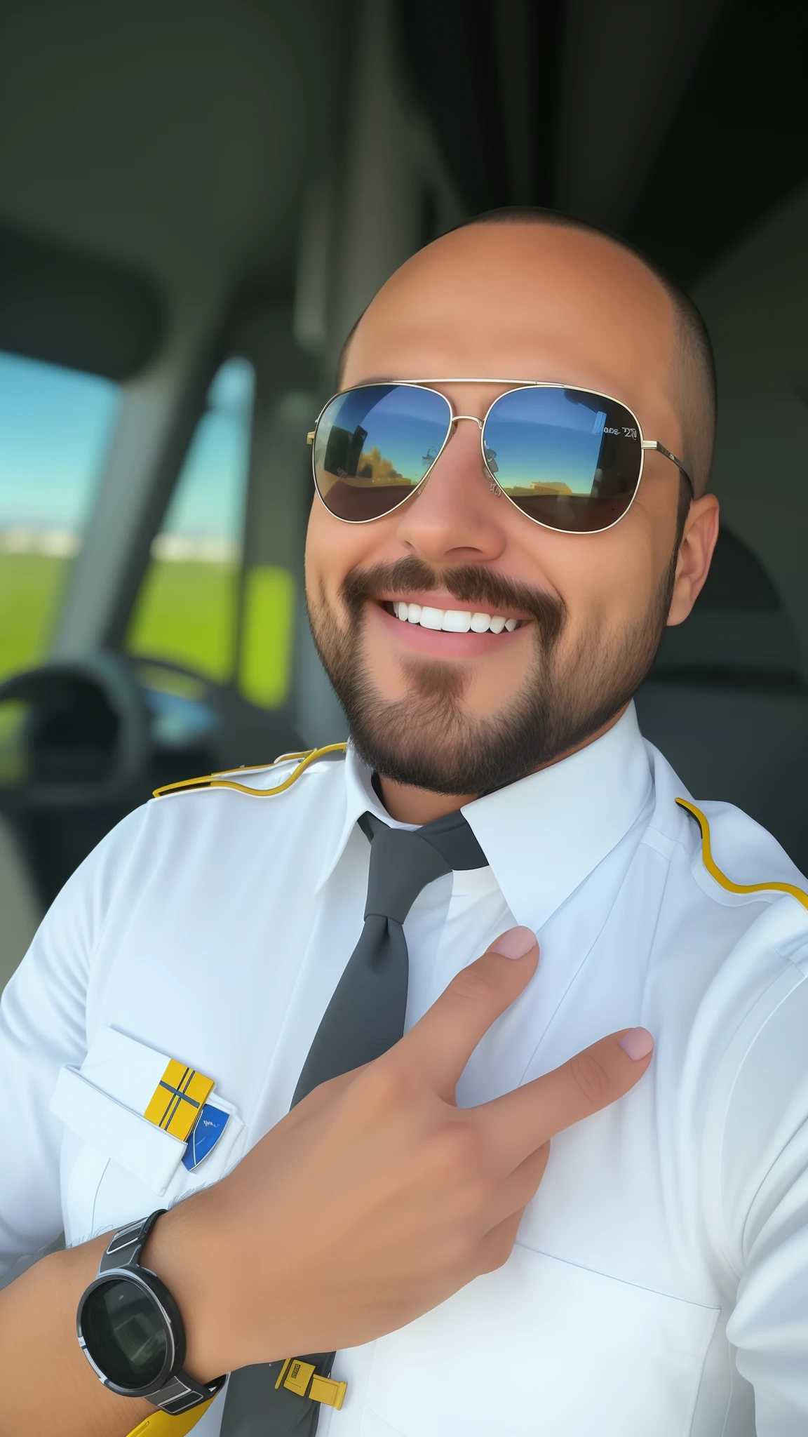 Man in pilot uniform and sunglasses smiling, em pilotos, foto de closeup profissional, Foto profissional, icaro carvalho, Foto POV, foto de perfil profissional, foto de perfil 1024px, imagem do avatar, imagem de perfil, foto de zoom detalhada, Fotografia tirada em 2 0 2 0, fotografia, foto de perfil headshot, selfie shot straight on angle