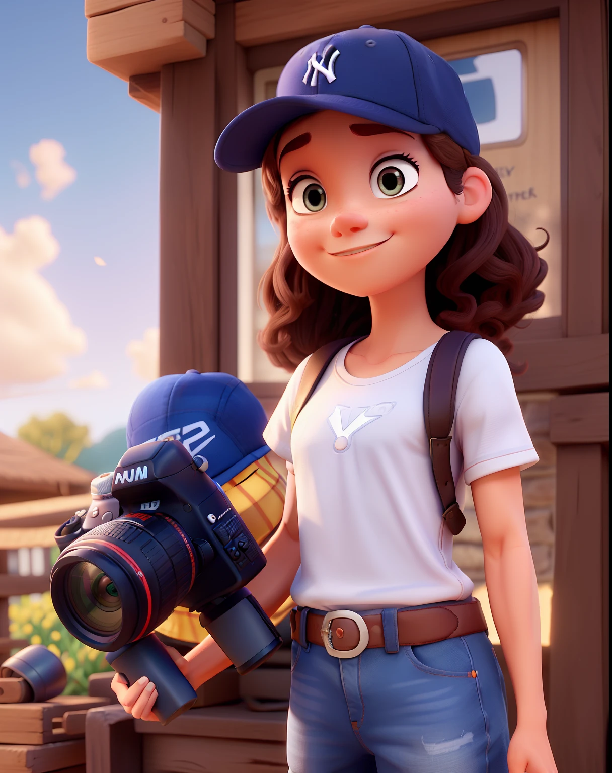A pixar style man illuminated by the morning sun , with a camera, Yankees cap,  Com uma mulher estilo pixar usando vestido Alta qualidade, melhor qualidade