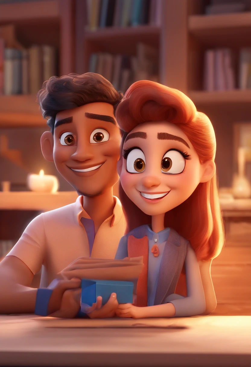 An illustration of an adorable couple, Highlight for a chubby mulatto man with glasses smiling and a brunette woman with beautiful expressive eyes - the man's skin is mulatto and the man's hair haswhile the woman's skin is black and the woman's hair is straight and brown. They are a bright room, cada um com um sorriso no rosto, e compartilhar um momento especial caracterizado pelo amor, Insights. Illustrate this scene from a perspective where they are facing the camera, Smiling and Showing Your Connection. Desenvolva esta arte em Full HD, Focus on your cinematic touch, Estilo Disney Pixar Animations