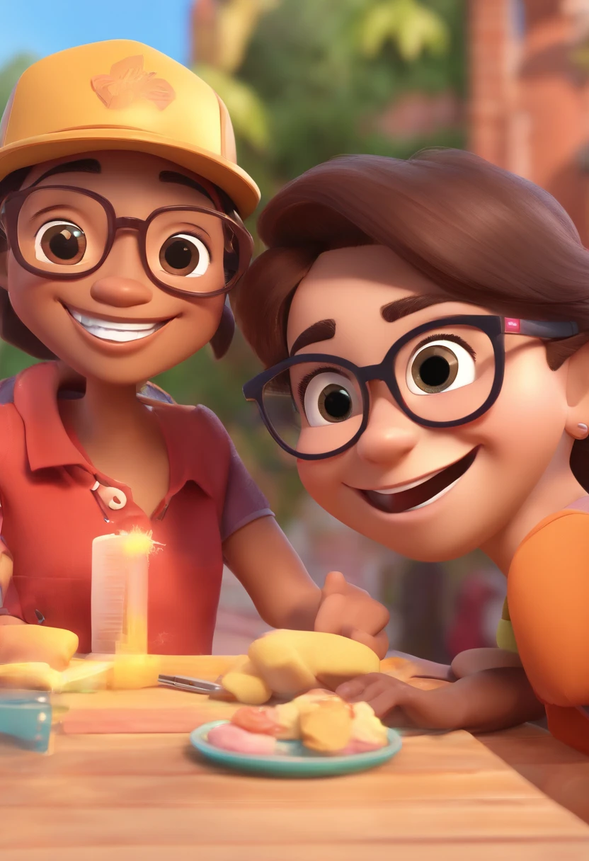 An illustration of an adorable couple, Highlight for a chubby mulatto man with glasses smiling and a brunette woman with beautiful expressive eyes - the man's skin is mulatto and the man's hair haswhile the woman's skin is black and the woman's hair is straight and brown. They are a bright room, cada um com um sorriso no rosto, e compartilhar um momento especial caracterizado pelo amor, Insights. Illustrate this scene from a perspective where they are facing the camera, Smiling and Showing Your Connection. Desenvolva esta arte em Full HD, Focus on your cinematic touch, Estilo Disney Pixar Animations