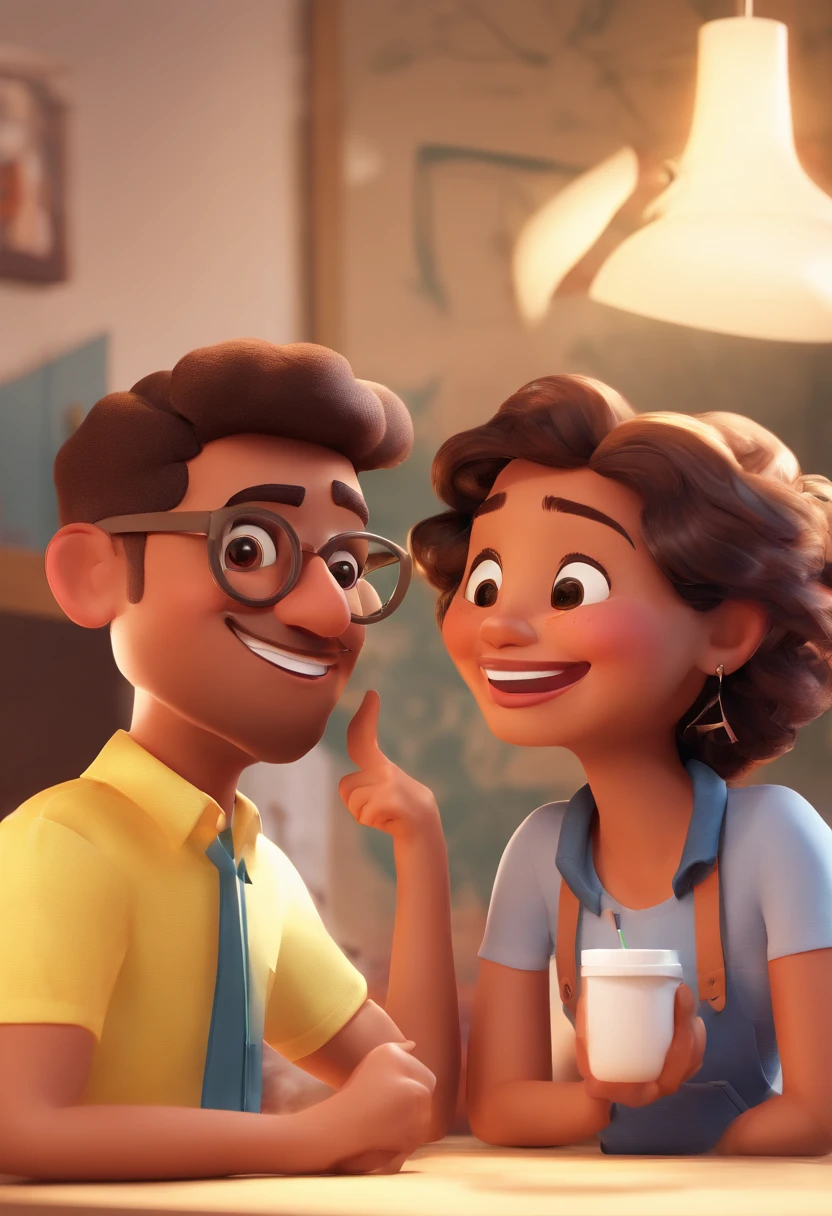 An illustration of an adorable couple, Highlight for a chubby mulatto man with glasses smiling and a brunette woman with beautiful expressive eyes - the man's skin is mulatto and the man's hair haswhile the woman's skin is black and the woman's hair is straight and brown. They are a bright room, cada um com um sorriso no rosto, e compartilhar um momento especial caracterizado pelo amor, Insights. Illustrate this scene from a perspective where they are facing the camera, Smiling and Showing Your Connection. Desenvolva esta arte em Full HD, Focus on your cinematic touch, Estilo Disney Pixar Animations