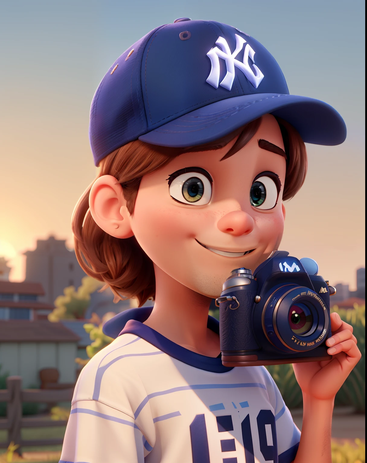 A pixar style man illuminated by the morning sun , with a camera, Yankees cap,  Com uma mulher estilo pixar usando vestido Alta qualidade, melhor qualidade