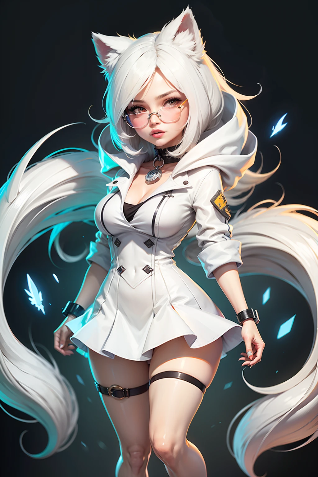 C4tt4stic, Cartoon cute white wolf girl in dress skirt, Beautiful breasts,Sunglasses,