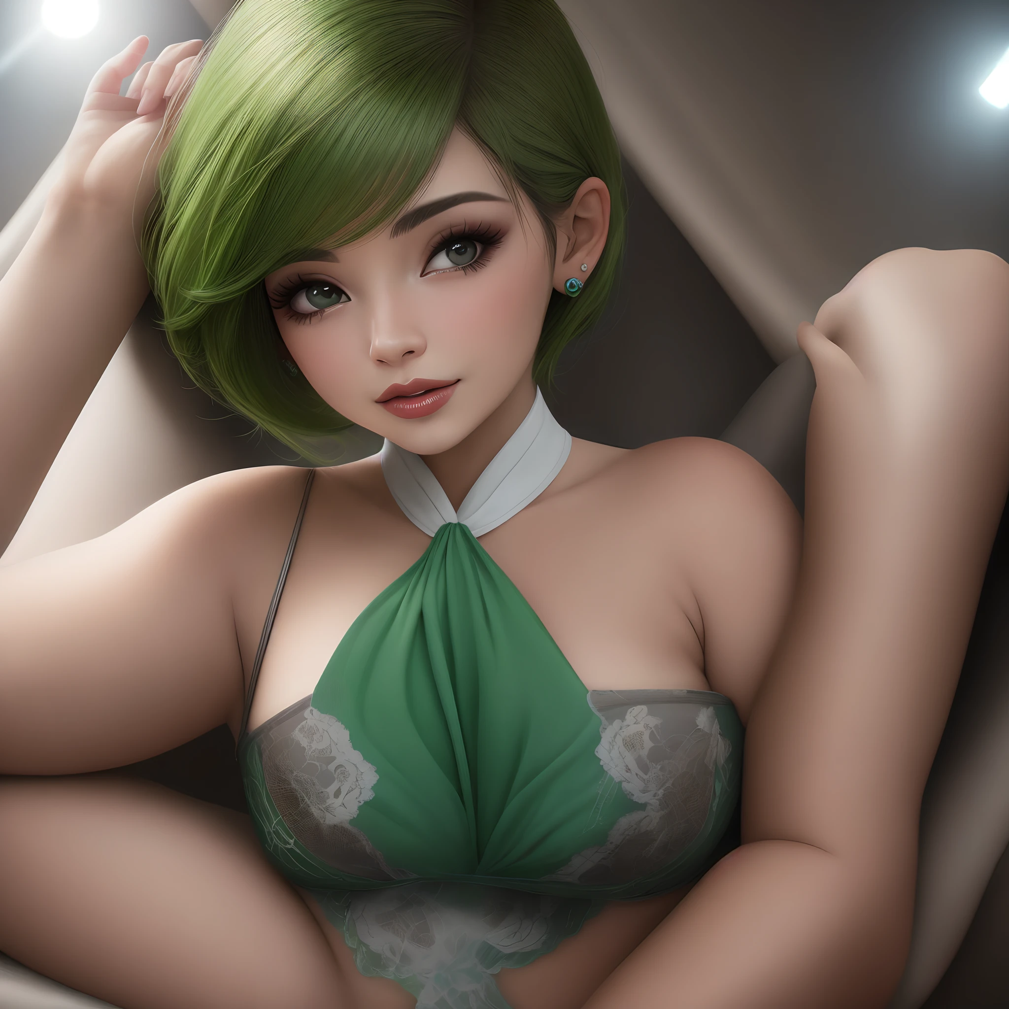 Fotografia mulher latina cabelos longos cacheados olhos verdes luz de fundo clara parede escura
