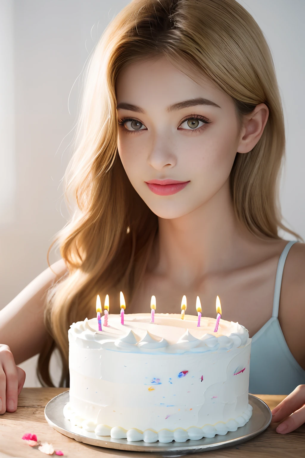 Beautiful shades，Birthday theme，The birthday cake，（Beautiful happy girl，eyes with brightness，Beautiful makeup，small freckles，Fluffy blonde hair，），（On the table in front of the girl was a delicate cake，Huge cream cake，Birthday cake close-up，Cake details，waxy candles，），Natural soft light，（tmasterpiece:1.2）(high-definition photography，Dream Aperture，wallpaper hd)