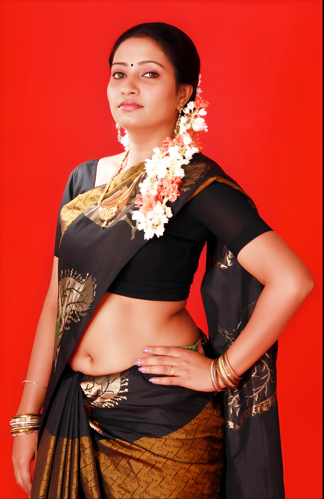 a woman in a sari posing for a picture with a flower in her hair, navel, sari, hips, shot in the photo studio, traditional beauty, studio shoot, dressed in a sari, movie stills photography, modeling shoot, with kerala motifs, very seductive pose, wearing a sari, woman posing, assamese, glamour shot, indian super model nude