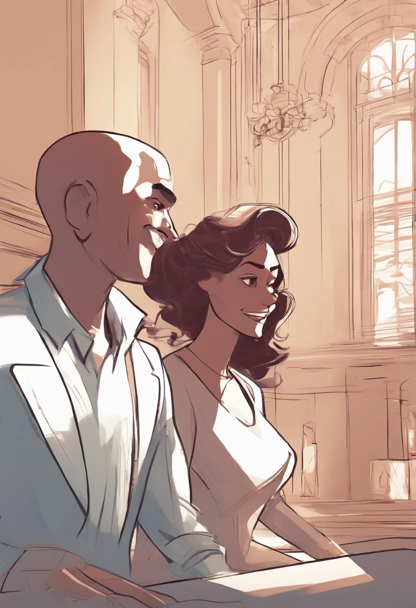 An illustration of an adorable couple, Destacando um homem e uma mulher com beleza, Expressive eyes - the man's skin is brown and the man's hair is bald and black, while the woman's skin is white and the woman's hair is short, liso e loiro. They are a bright room, cada um com um sorriso no rosto, e compartilhar um momento especial caracterizado pelo amor, e insights educacionais. Illustrate this scene from a perspective where they are facing away from the camera, Showing Your Connection. Desenvolva esta arte em Full HD, Focus on your cinematic touch, Estilo Disney Pixar Animations