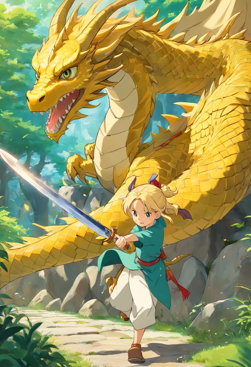 Female character carrying a sword fighting a dragon,The image must be generated from behind the character so that you can see her entire body and in front of her the dragon, The golden dragon with some scars, The environment consists of a lawn and stones, tanya, short blonde hair with ponytail,