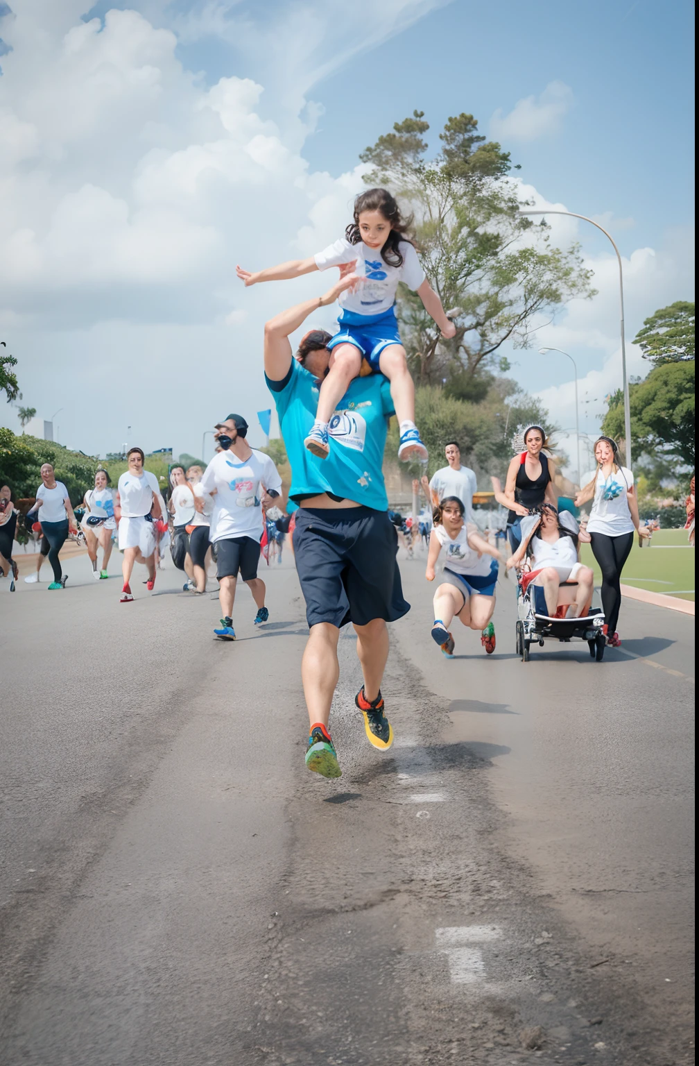 Tem um homem levantando uma menina de 5 anos com pessoas andando ao redor em uma pista de corrida