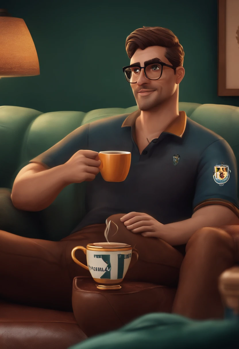 There is a man with glasses sitting on a sofa wearing a Vasco da Gama football team shirt with a coffee mug in one hand Pixar style image