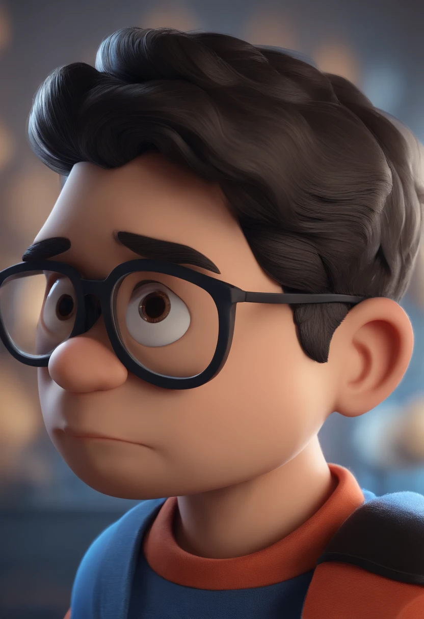 Cartoon character of a man wearing black glasses and a blue shirt, um personagem animado, Caractere estilizado, animation style rendering, 3D estilizado, Arnold Maya render, 3 d render stylized, toon render keyshot, Personagem 3D, Personagem 3D, 3d rendering stylized, 3 d character render, personagem de desenho animado, Personagem de close up, Pose de personagem, (Estilo Pixar) (master part:1.2) (Bokeh) (best quality) (pele detalhada) (textura detalhada) (8k) (argila) (Cinematic lighting) (foco nítido,Senta e vaza a parte superior do corpo