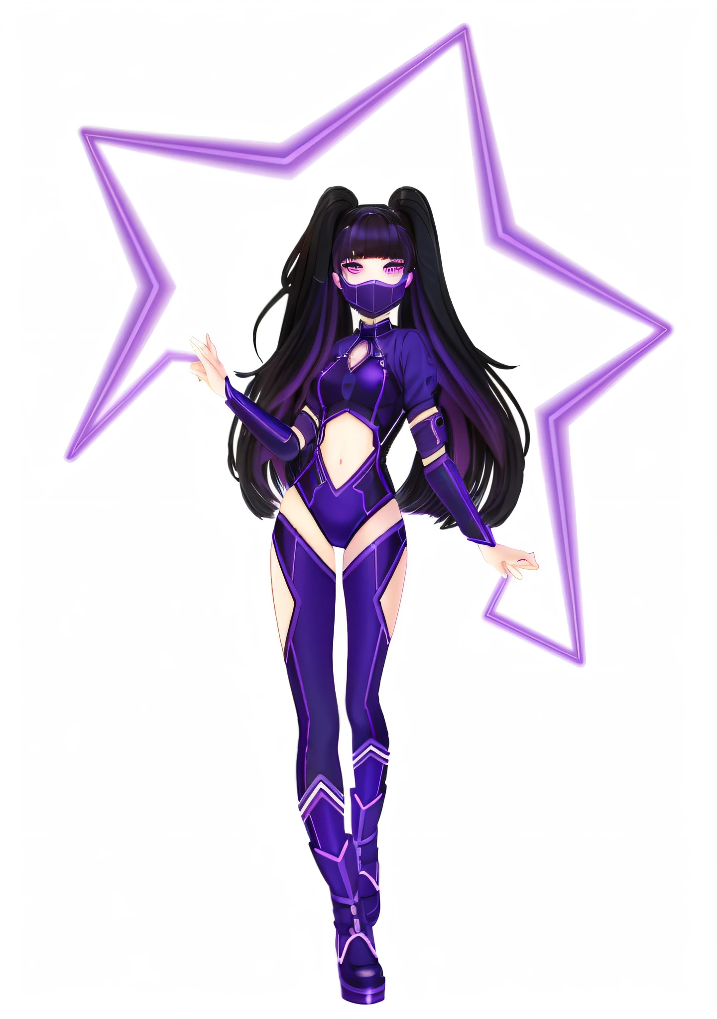  na roupa roxa com a estrela no fundo, estilo cyber universe, Laserpunk Traje de corpo inteiro, dark purple hair and cybernetics, Anime Garota do Futuro, Aura roxa