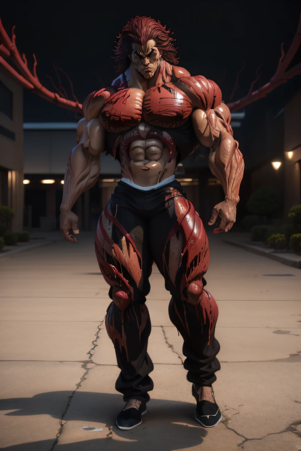 Yujiro Hanma, red hair, show his back, full body shot, wearing black shirt (carnage physique:1.5), (covered in thick muscle suit:1.5), (exposed perfect anatomy:1.5), (carnage muscle anatomy:1.5), high detail, best quality, masterpiece, finely detail, realistic skin texture, 85 mm art lens, f 1.2, sharp focus, 8 k high definition, insanely detailed, intricate, snow background