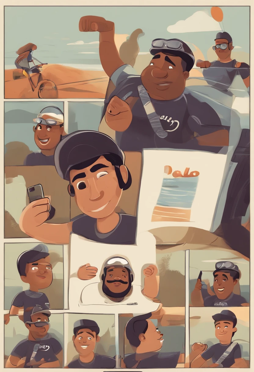 There's a man and a boy who are taking a selfie, ciclismo!! Homem pouco gordo com capacete de ciclismo preto e pouca barba. The chubby, round-faced, man-like black helmeted boy in the Pixar animation, de perto. The character takes center stage with captivating facial expressions, oferecendo um toque de irrealidade