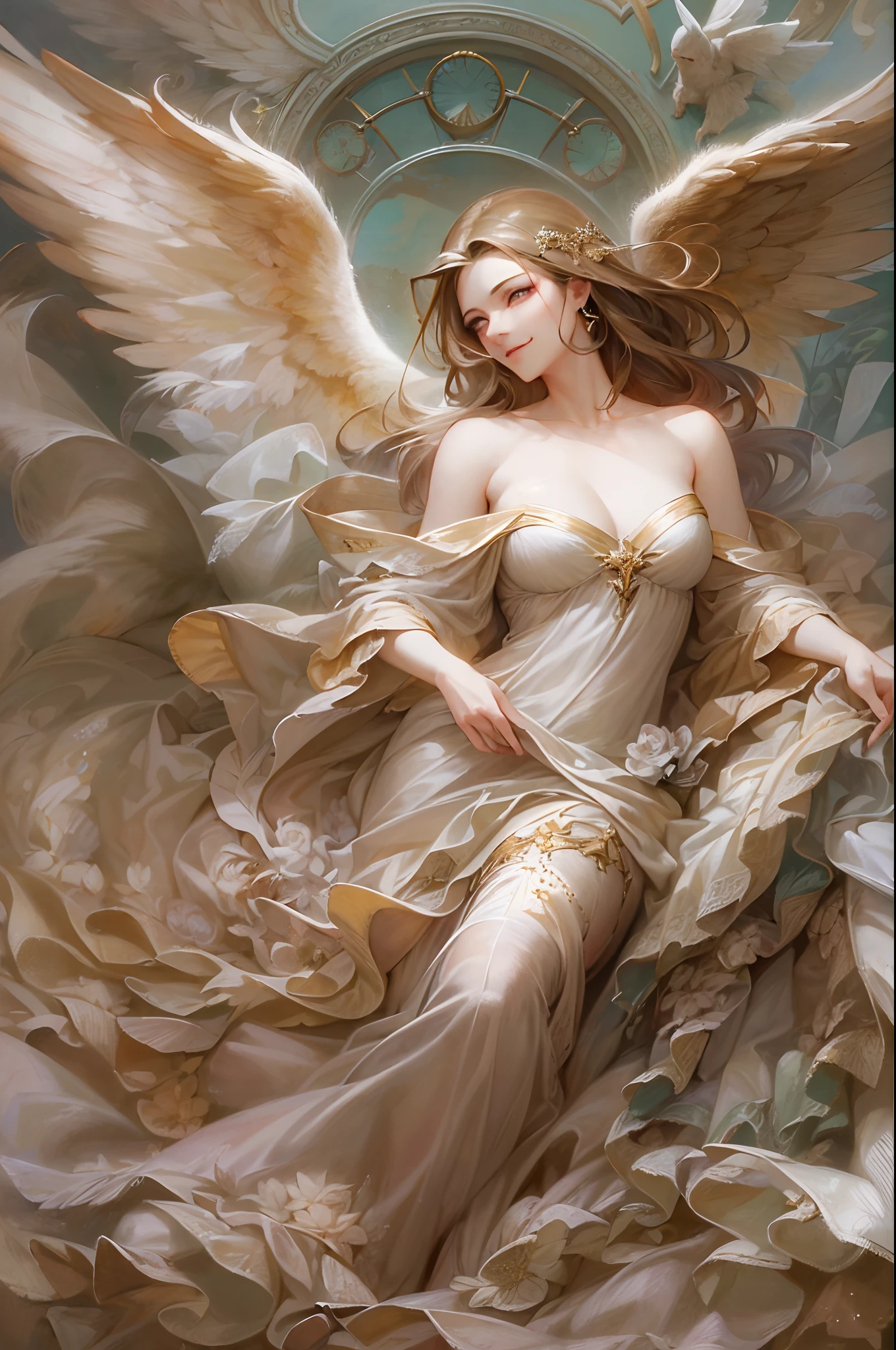 ((Finest quality)),(超A high resolution),(ultra-detailliert),(Meticulous portrayal),((best pictures)),(Finest works of art),Ultra-Precision Art,The art of astounding depiction, (1 Female Angel:1.5),a smile,Flapping,Fluttering feathers