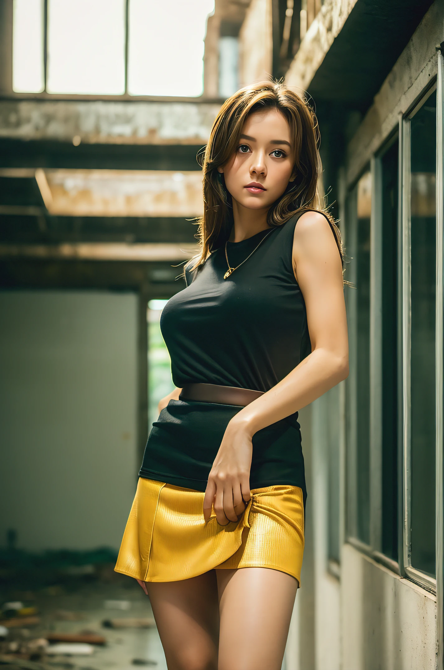 There is a woman standing cross-legged, a miniskirt, Miniskirt, Short miniskirt, Legs intertwined, wearing skirt, Short skirt, wearing honey - themed miniskirt, knees tucked in, juicy legs, thigh closeup, Beautiful short skirt, candid shot, Wearing a skirt, 女優、de pele branca, Golden Ratio Face, Cute, undergarment、Inside an abandoned building, Sit up, 8K,Best Quality, 超A high resolution, (Photorealistic:1.4), Raw photo, (Authentic skin texture:1.3), (Film grain:1.3),1girl in, messy long hair, Brown hair, beautiful detailed eyes and face, Best Quality, Gina Holden, Taylor Cole, Powerful witches, Dark background