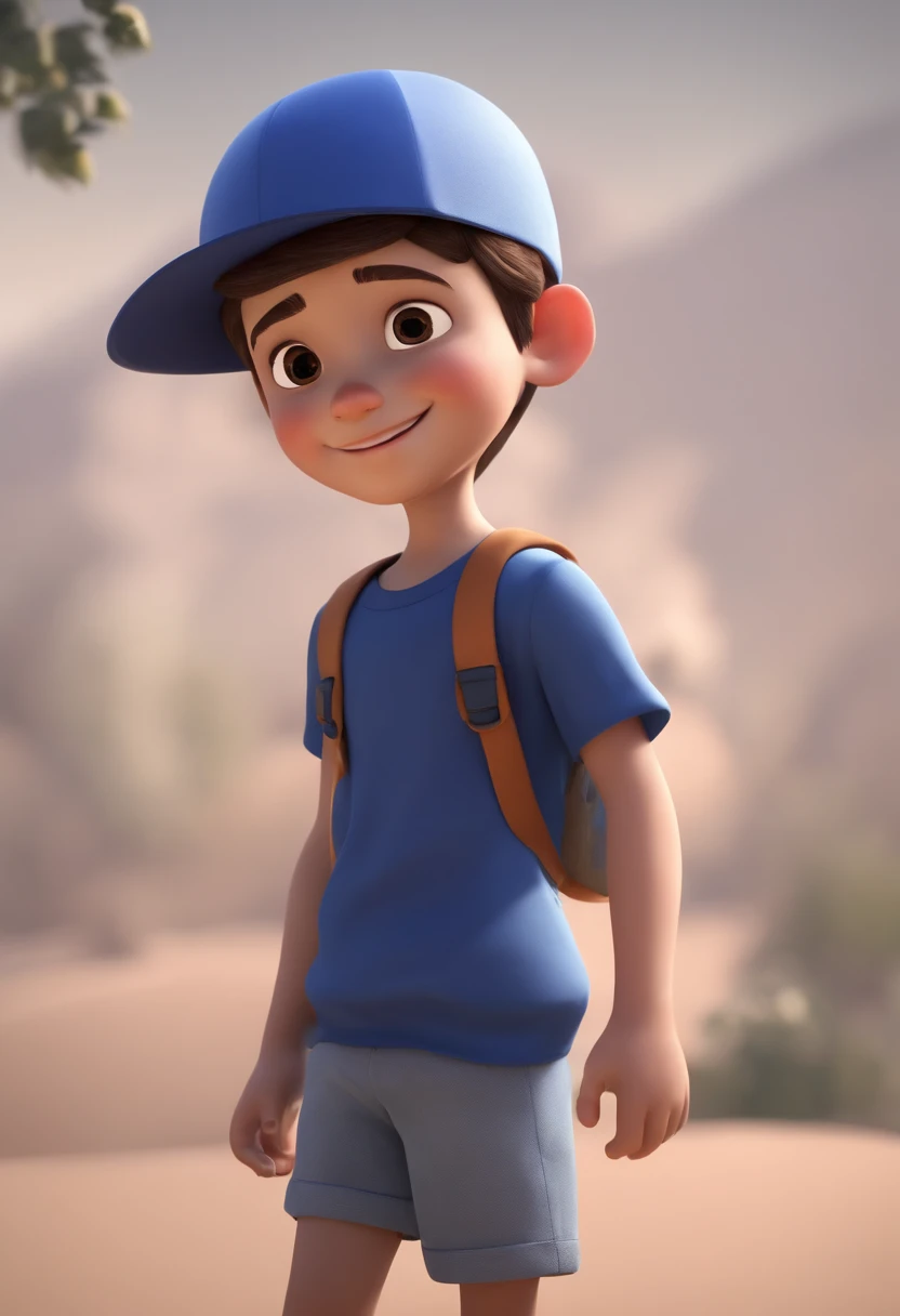 A happy cute boy standing short hair with dark blue cap , vestindo uma camisa azul , , fundo branco, barnet, Tom, Estilo Pixar, ......3d, desenhos animados, rosto detalhado, asymmetrical 16k