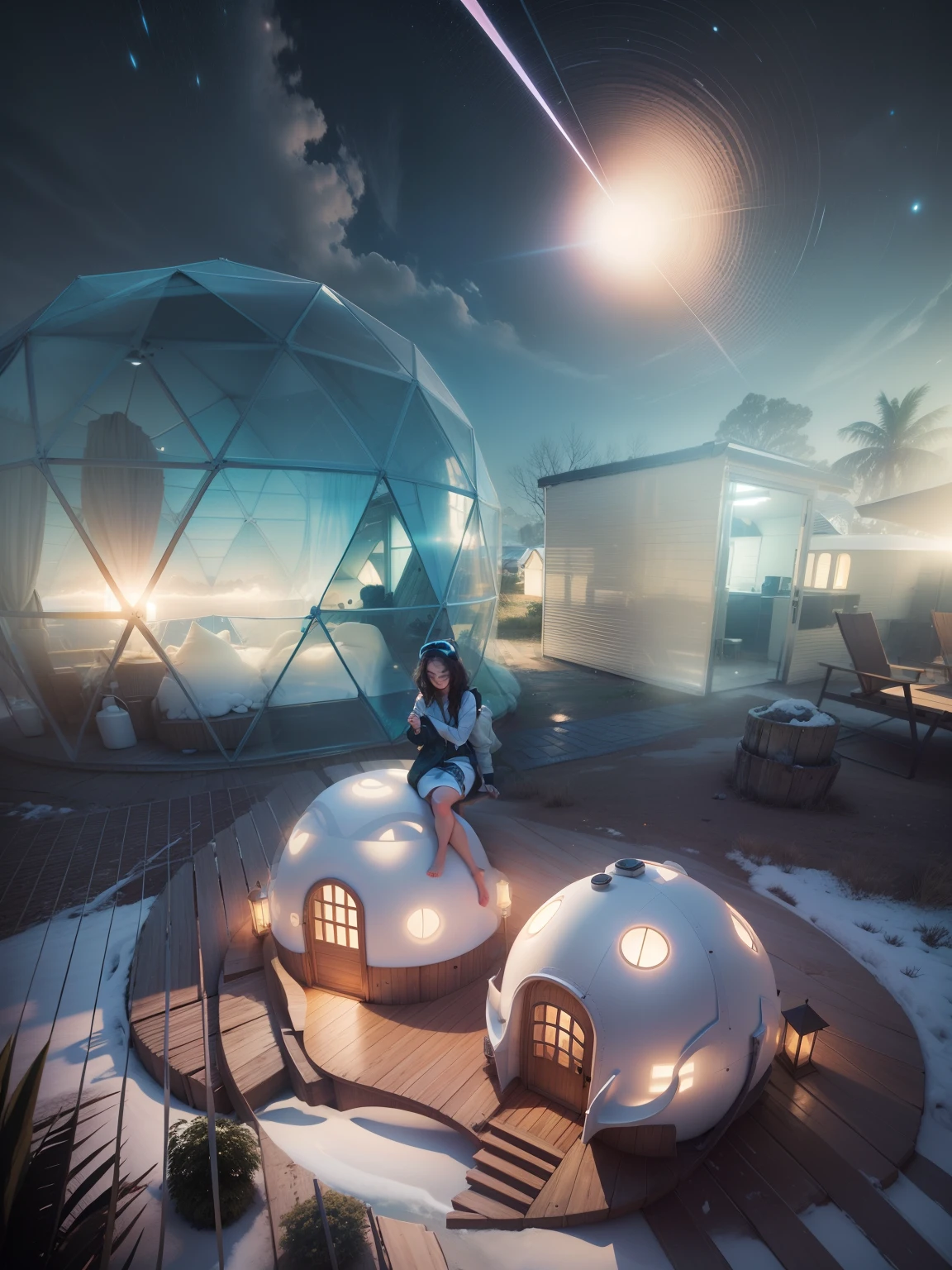 Nude 25 year old white man with military haircut and large penis handing coffee mug to nude 25 year old white woman inside of research station geodesic dome in icy flat polar region of alien planet overlooking a plateau. Visible are Nude man, Nude woman, Full nudity,a Bed, cushions, table with premade breakfast, many computers and scientific equipment. Everything and everyone is inside the dome.