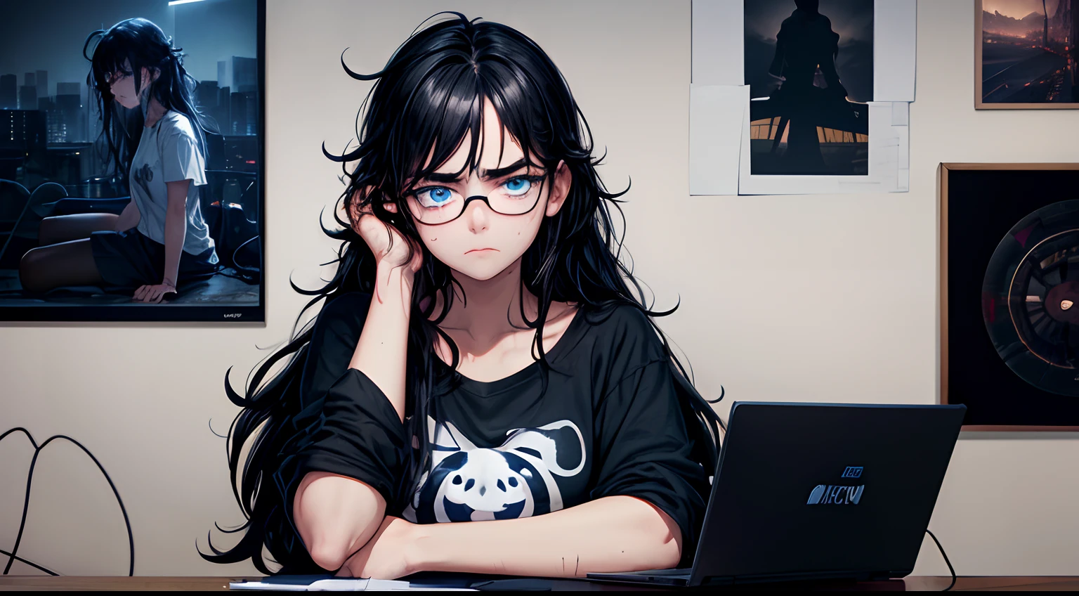 Neon glow, directional lighting, highres, masterpiece, 8k, (dark blue eyes with dark circles), tired, annoyed expression, sitting at a desk in front of a laptop computer, hunched posture, black hair, (messy hair), long greasy hair, sweaty, disheveled, unwashed, thick eyebrows, worn dirty t shirt, (wearing glasses), wearing headphones, (dark messy bedroom), (walls covered in detailed posters), multiple tangled black electrical cables, led lights, plushies, nighttime