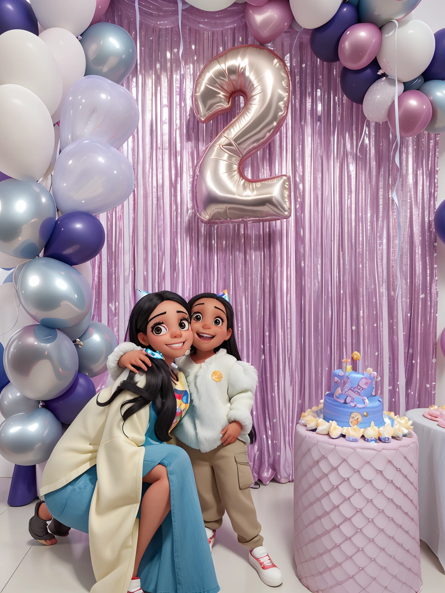 A girl posing for black haired birthday photo, olhos expressivos, pele morena, sorriso grande com aparelhos no dente, are posing for a photo in front of a birthday backdrop, 2 anos