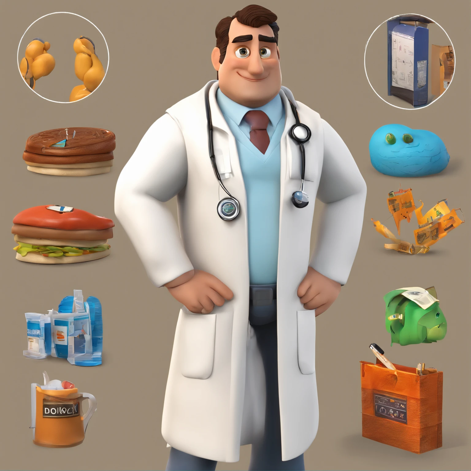 Make a Pixar Style Realistic Poster of 3D Animation. O personagem tem cabelos raspados, wearing a white doctor's coat, bordado o nome Dr. Joseph R. Costa Jr. Gold watch on the right wrist, Has an Arabian face, 40 anos