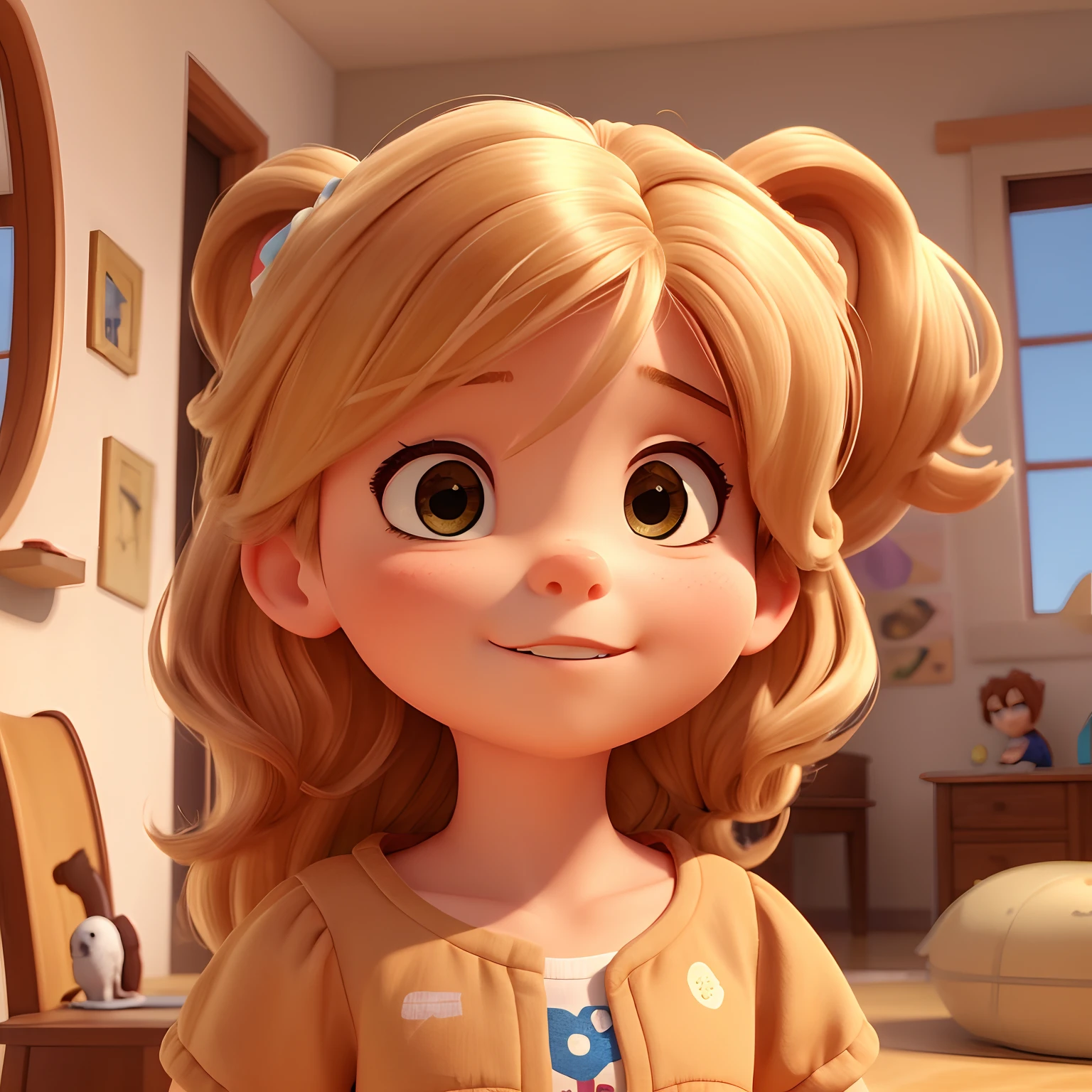 Perfil de uma menina fofa segurando um gatinho para admirar. Ela tem os cabelos castanhos levemente encaracolados nas pontas, The hair is blended with the golden color. The girl is 6-yold ajust lost a front tooth.